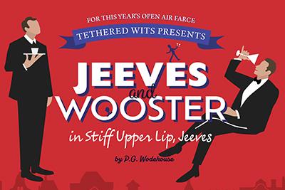 Jeeves and Wooster 'Stiff Upper Lip, Jeeves' poster - white writing on a red background