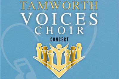 Tamworth Voices choir logo - gold choir figures on a light blue background with a white music note