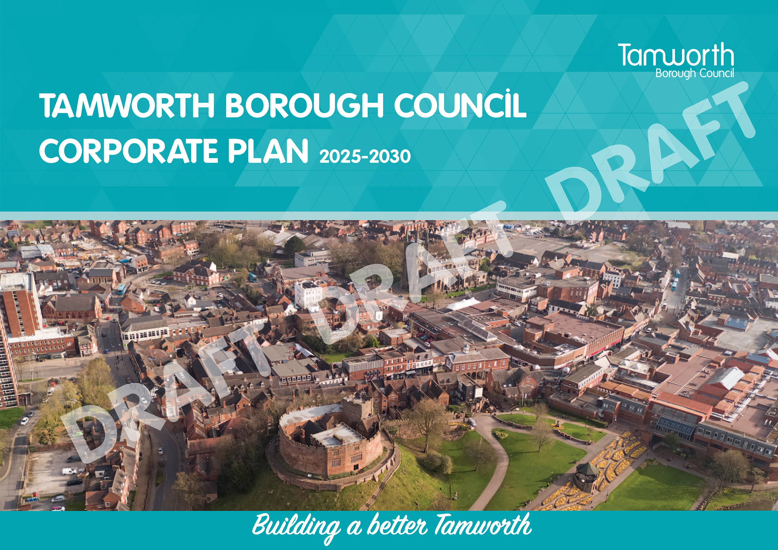 Aerial shot of Tamworth, a teal background, stating the corporate plan as a draft