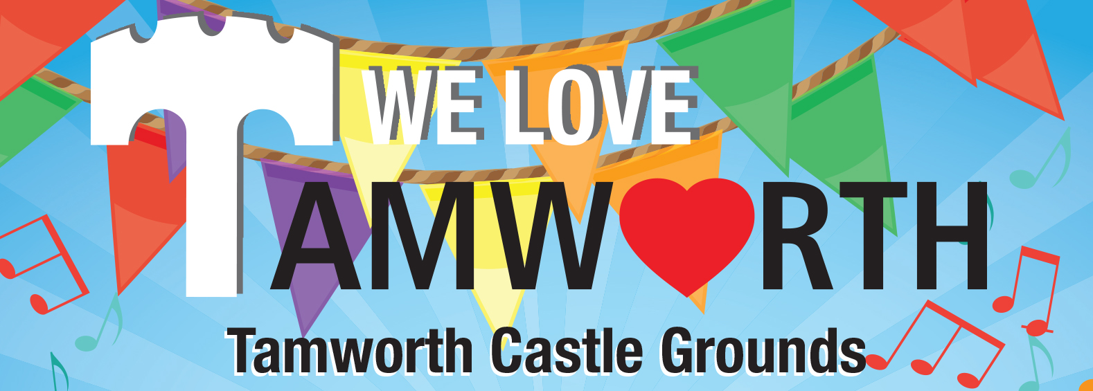 graphic with wording We Love Tamworth on a background of brightly coloured flags