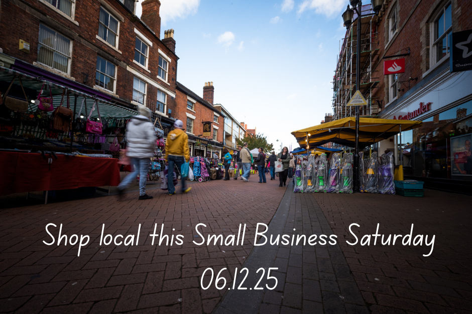 A view of Tamworth markets with text 'Shop local this Small Business Saturday 06.12.25'