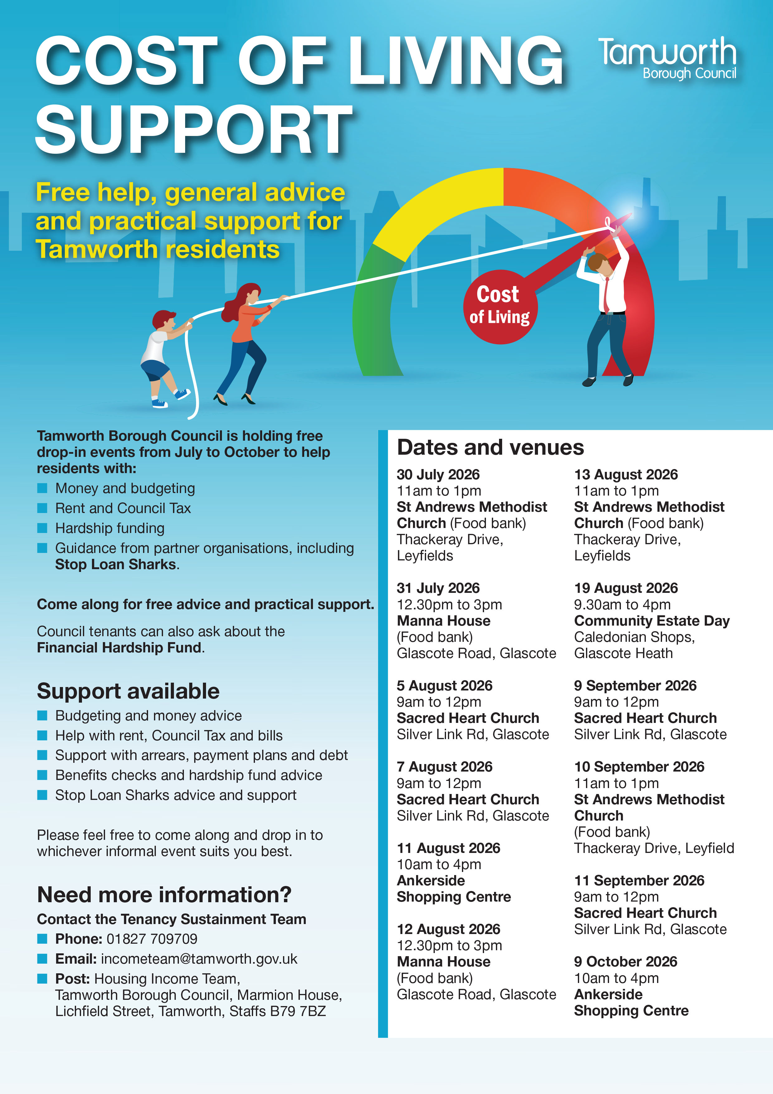 blue poster with drawings of 3 people and a list of dates and event times