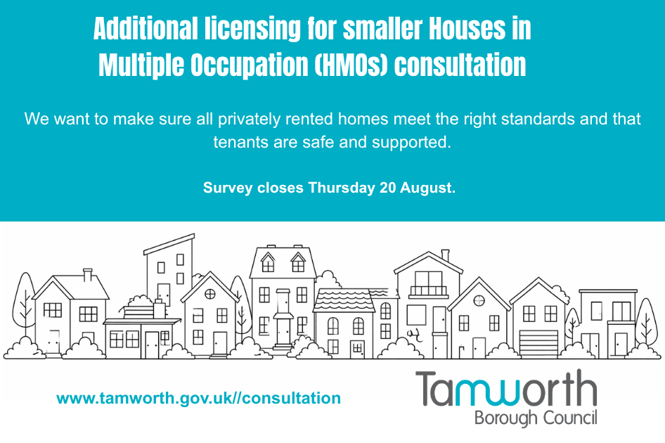 Graphic with an outline of houses at the bottom and a teal box above with the survey information
