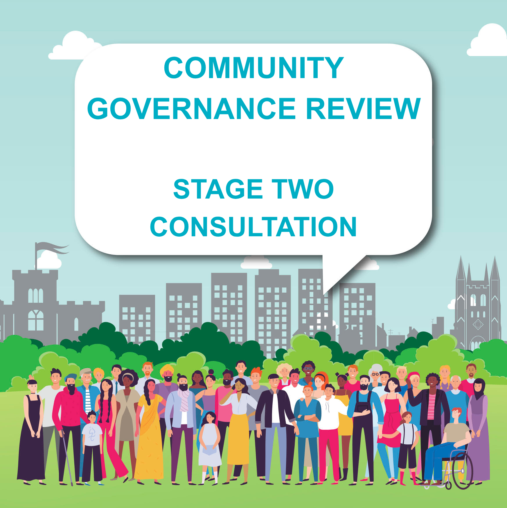 Community governance review graphic with lots of people at the bottom and a big speech bubble above them