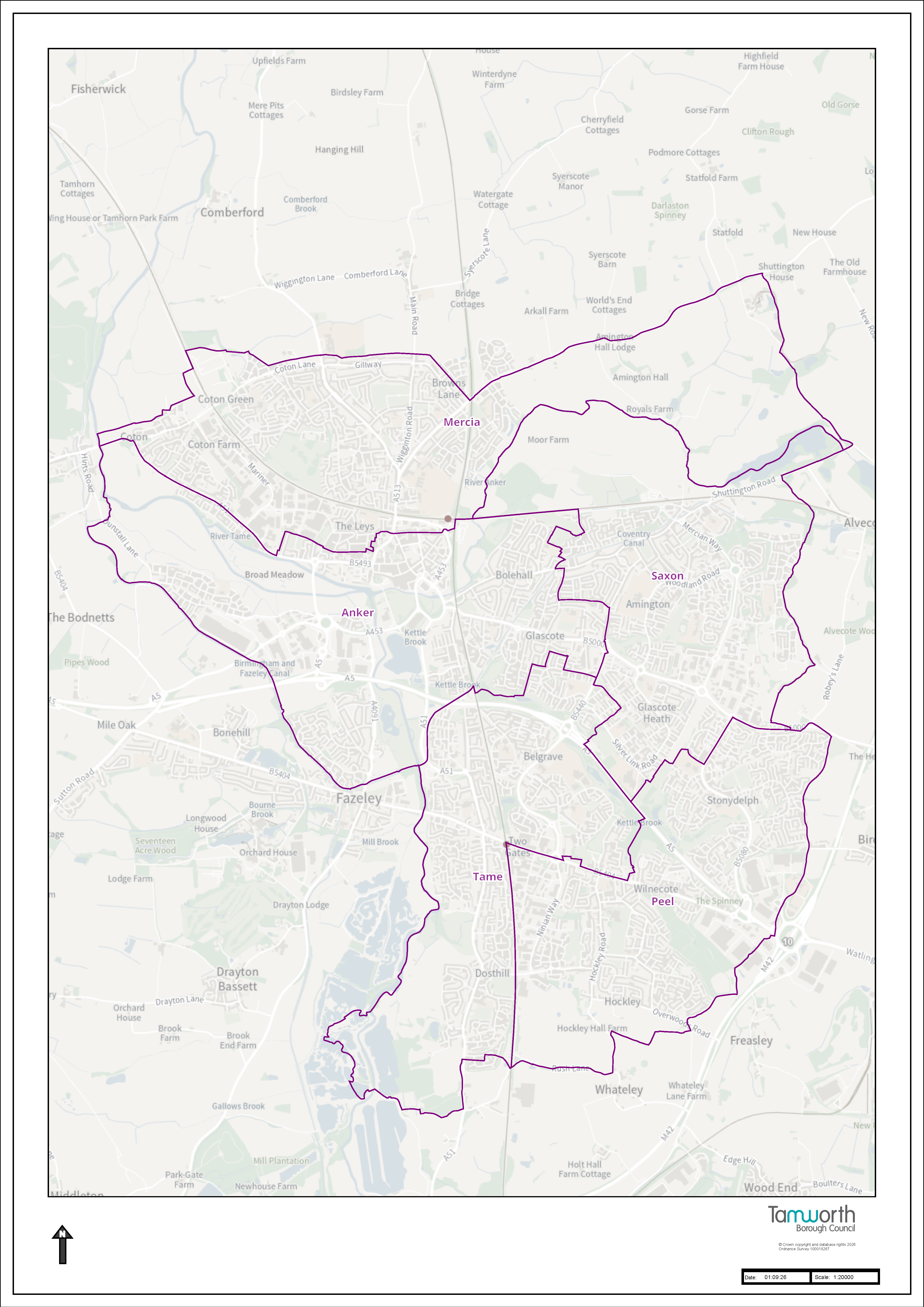 map with parish names of Tamworth