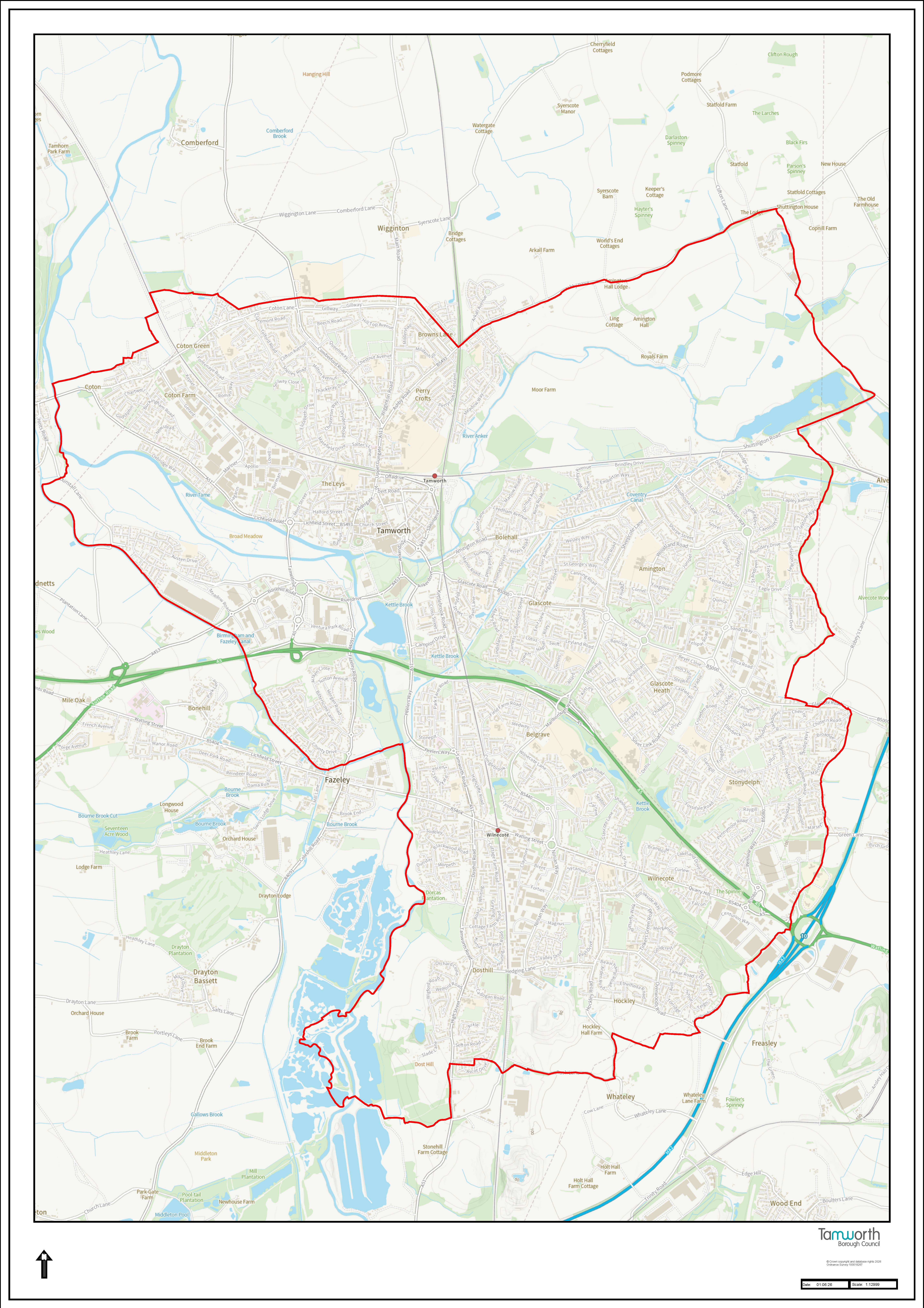 Map of Tamworth with a red line drawn around the area