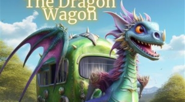 The Dragon Wagon poster. A blue animated dragon with a green animated caravan on his back. The dragon is in front of some trees and there is a blue sky with a couple of clouds.