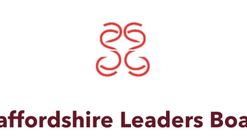 Graphic of a logo with white background and red swirl symbol, with writing 'Staffordshire Leaders Board' underneath