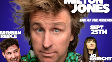 poster with blue background and 3 people