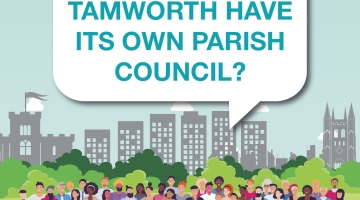 A graphic with lots of people at the bottom on some grass in front of a skyline of buildings with a big speech bubble above saying 'should Tamworth have its own parish council?'