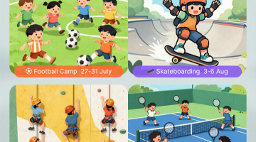 Graphic of different cartoon children playing different sport activities