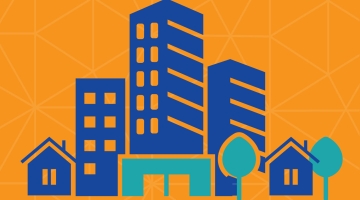 Graphic image of a town centre with buildings, houses and trees on an orange background