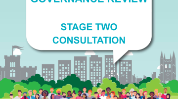 Community governance review graphic with lots of people at the bottom and a big speech bubble above them